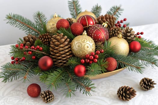 A beautiful arrangement of Christmas ornaments, pine branches, and pinecones, creating a festive and inviting scene. Red and gold Christmas ornaments, pine branches, and pinecones create a festive and elegant display. A collection of Christmas ornaments, pine branches, and pinecones create a festive and joyful scene. This festive arrangement of Christmas ornaments, pine branches, and pinecones is sure to bring holiday cheer to any room.