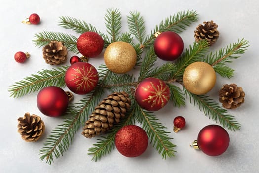 A beautiful arrangement of Christmas ornaments, pine branches, and pinecones, creating a festive and inviting scene. Red and gold Christmas ornaments, pine branches, and pinecones create a festive and elegant display. A collection of Christmas ornaments, pine branches, and pinecones create a festive and joyful scene. This festive arrangement of Christmas ornaments, pine branches, and pinecones is sure to bring holiday cheer to any room.