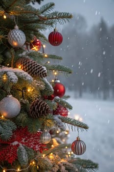 A beautifully decorated Christmas tree with ornaments, lights, and snow. A close-up of a Christmas tree with festive decorations. A warm and inviting Christmas tree scene. A Christmas tree with red and silver ornaments and pine cones. A Christmas tree with fairy lights and a snowy backdrop.