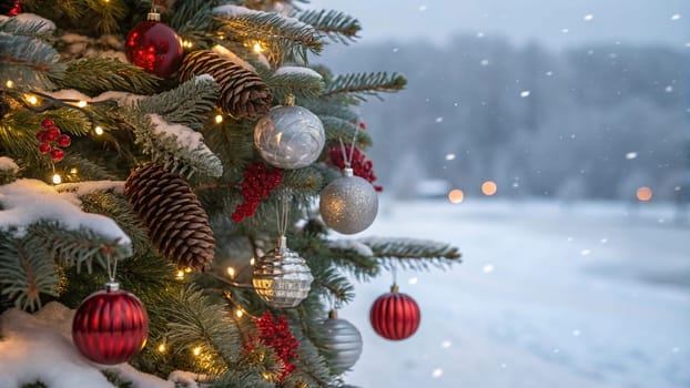 A beautifully decorated Christmas tree with ornaments, lights, and snow. A close-up of a Christmas tree with festive decorations. A warm and inviting Christmas tree scene. A Christmas tree with red and silver ornaments and pine cones. A Christmas tree with fairy lights and a snowy backdrop.