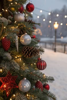 A beautifully decorated Christmas tree with ornaments, lights, and snow. A close-up of a Christmas tree with festive decorations. A warm and inviting Christmas tree scene. A Christmas tree with red and silver ornaments and pine cones. A Christmas tree with fairy lights and a snowy backdrop.