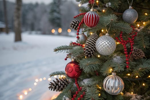 A beautifully decorated Christmas tree with ornaments, lights, and snow. A close-up of a Christmas tree with festive decorations. A warm and inviting Christmas tree scene. A Christmas tree with red and silver ornaments and pine cones. A Christmas tree with fairy lights and a snowy backdrop.