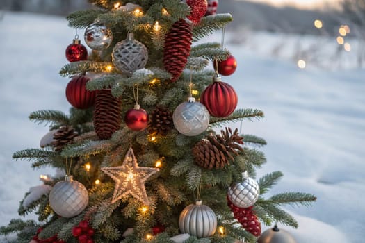 A beautifully decorated Christmas tree with ornaments, lights, and snow. A close-up of a Christmas tree with festive decorations. A warm and inviting Christmas tree scene. A Christmas tree with red and silver ornaments and pine cones. A Christmas tree with fairy lights and a snowy backdrop.