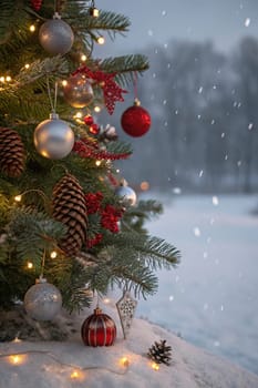 A beautifully decorated Christmas tree with ornaments, lights, and snow. A close-up of a Christmas tree with festive decorations. A warm and inviting Christmas tree scene. A Christmas tree with red and silver ornaments and pine cones. A Christmas tree with fairy lights and a snowy backdrop.
