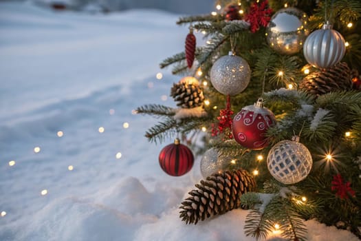 A beautifully decorated Christmas tree with ornaments, lights, and snow. A close-up of a Christmas tree with festive decorations. A warm and inviting Christmas tree scene. A Christmas tree with red and silver ornaments and pine cones. A Christmas tree with fairy lights and a snowy backdrop.