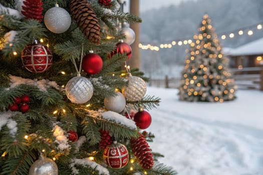 A beautifully decorated Christmas tree with ornaments, lights, and snow. A close-up of a Christmas tree with festive decorations. A warm and inviting Christmas tree scene. A Christmas tree with red and silver ornaments and pine cones. A Christmas tree with fairy lights and a snowy backdrop.