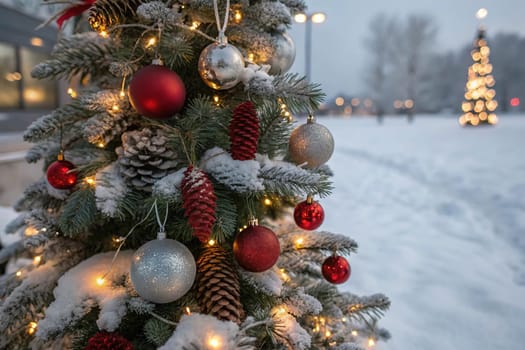 A beautifully decorated Christmas tree with ornaments, lights, and snow. A close-up of a Christmas tree with festive decorations. A warm and inviting Christmas tree scene. A Christmas tree with red and silver ornaments and pine cones. A Christmas tree with fairy lights and a snowy backdrop.