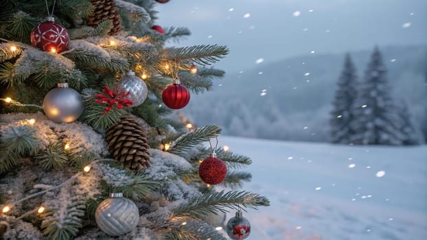 A beautifully decorated Christmas tree with ornaments, lights, and snow. A close-up of a Christmas tree with festive decorations. A warm and inviting Christmas tree scene. A Christmas tree with red and silver ornaments and pine cones. A Christmas tree with fairy lights and a snowy backdrop.