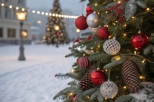 A beautifully decorated Christmas tree with ornaments, lights, and snow. A close-up of a Christmas tree with festive decorations. A warm and inviting Christmas tree scene. A Christmas tree with red and silver ornaments and pine cones. A Christmas tree with fairy lights and a snowy backdrop.