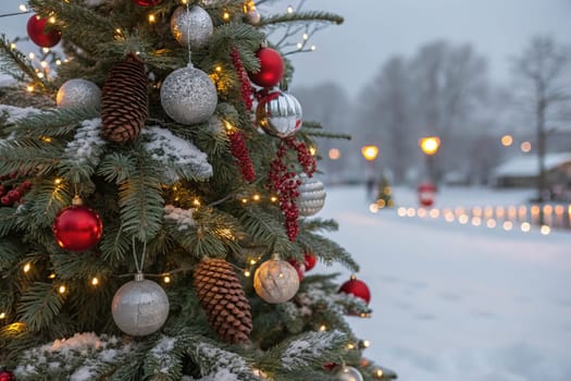 A beautifully decorated Christmas tree with ornaments, lights, and snow. A close-up of a Christmas tree with festive decorations. A warm and inviting Christmas tree scene. A Christmas tree with red and silver ornaments and pine cones. A Christmas tree with fairy lights and a snowy backdrop.