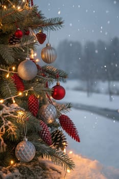 A beautifully decorated Christmas tree with ornaments, lights, and snow. A close-up of a Christmas tree with festive decorations. A warm and inviting Christmas tree scene. A Christmas tree with red and silver ornaments and pine cones. A Christmas tree with fairy lights and a snowy backdrop.