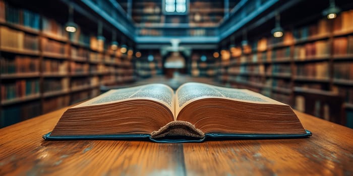 A book is open on a table in a library. The book is a large hardcover book with a blue spine. The book is open to a page with a large word on it. The room is filled with many bookshelves