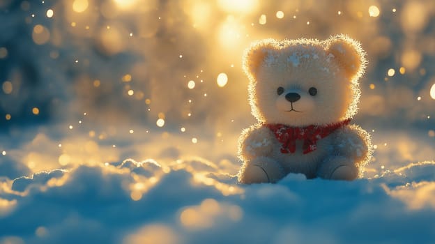 A teddy bear is sitting in the snow with a red ribbon around its neck. The scene is peaceful and serene, with the snow creating a soft and calming atmosphere