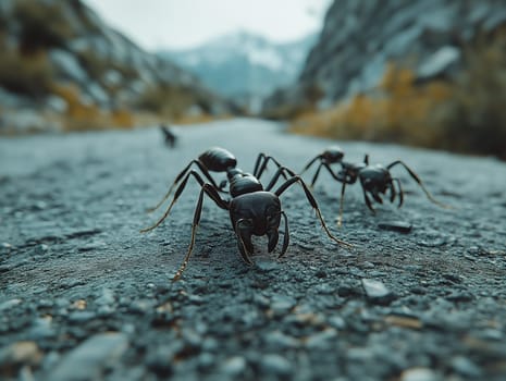 Three black ants are on the ground, one of which is looking up. The image has a moody, almost eerie feeling to it, as if the ants are about to do something sinister