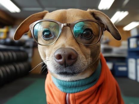 A dog wearing glasses and an orange sweater. The dog is looking at the camera. The scene is set in a room with a desk and a chair