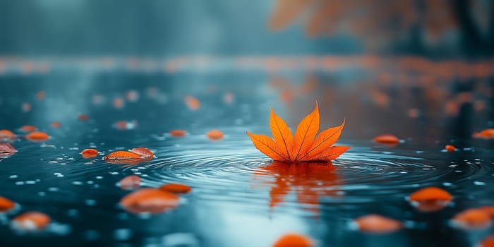 A leaf is floating on a body of water. The water is blue and the leaf is orange