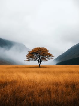 A lone tree stands in a field of tall grass. The sky is overcast and the tree is surrounded by a foggy atmosphere