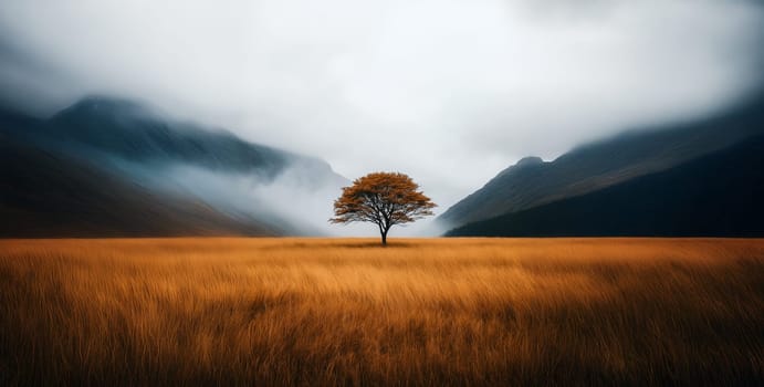 A lone tree stands in a field of tall grass. The sky is overcast and the tree is surrounded by a foggy atmosphere