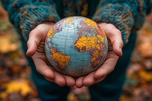 A person is holding a globe in their hands. The globe is a representation of the Earth and is being held up to show its importance. Concept of wonder and appreciation for the world we live in