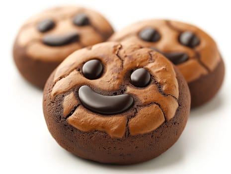 Three chocolate cookies with chocolate icing and chocolate chips on them. The cookies are smiling and have a happy expression