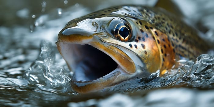A fish is swimming in the water with its mouth open. The fish is brown and white in color