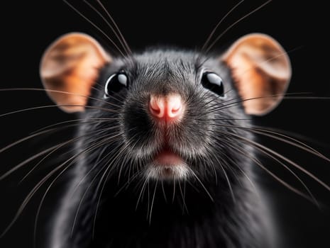 A black rat with a pink nose and black eyes. The rat is looking at the camera. The image has a dark mood and a sense of curiosity