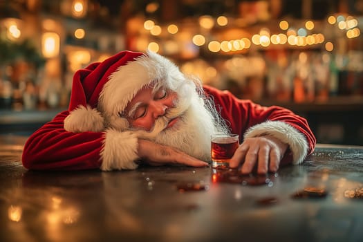 A man in a Santa hat is sleeping on a bar counter. A glass of alcohol is next to him