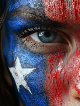 A woman's face is painted with the colors of the American flag. The blue and red paint is splattered all over her face, giving her a bold and patriotic look
