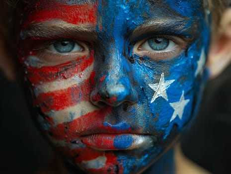 A young boy with a face painted in red, white and blue stripes and stars. The boy has a serious expression on his face