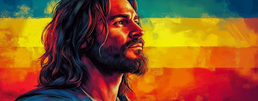 A man with a beard and long hair is looking at the camera. The image is a colorful painting of a man with a beard and long hair
