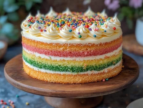 A colorful rainbow cake sits on a wooden cake stand. The cake is decorated with colorful sprinkles and frosting, making it look festive and inviting