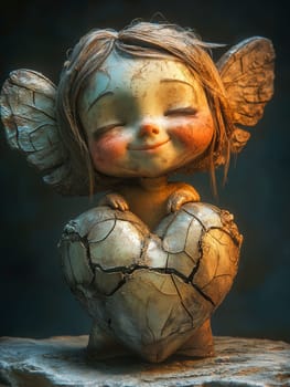 A small angel statue with a broken heart is sitting on a rock. The angel is smiling and he is happy despite the broken heart