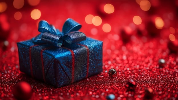 A blue box with a red bow sits on a red background. The box is decorated with glitter and the background is filled with red and blue balls. The image conveys a festive and joyful mood