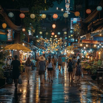 Lanterns light up a lively market street, where people stroll, shop, and enjoy the festive ambiance in the evening.