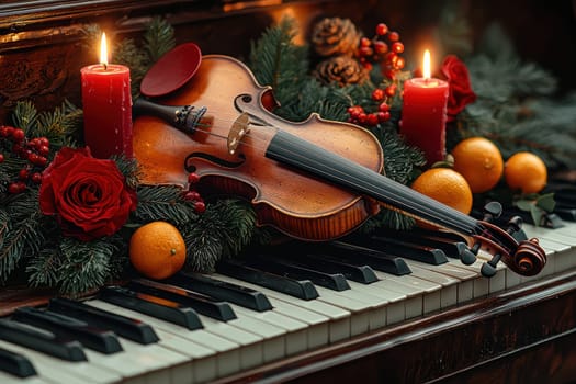 A beautifully arranged violin on a piano with candles, flowers, and oranges, perfect for holiday themes.