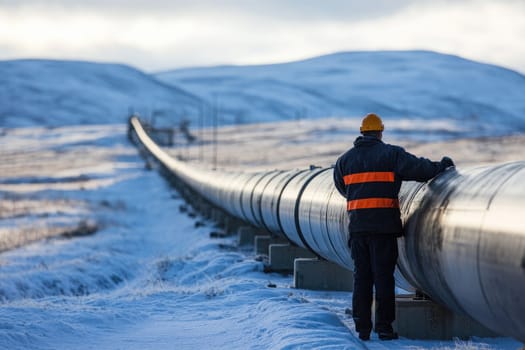 A man in a yellow hard hat stands on a pipe. Concept of danger and caution, as the man is working on a potentially hazardous task. The snowy landscape adds to the overall mood of the scene
