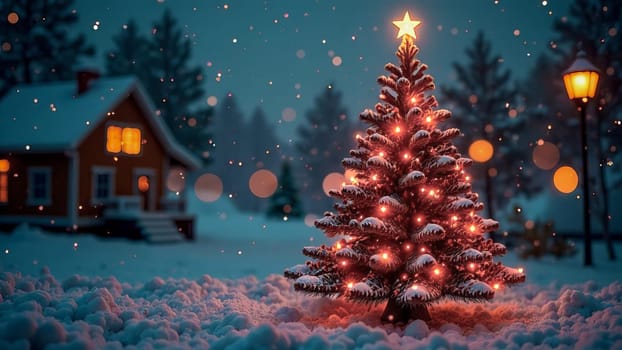 3D Christmas tree against the background of village houses. AI generated.