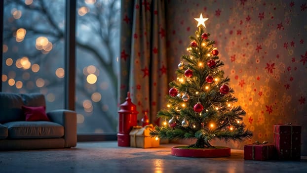 3D Christmas tree in the room. AI generated.