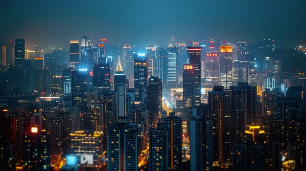 The bustling city skyline glows brightly at night, with numerous skyscrapers adorned with colorful lights illuminating the urban landscape below - Generative AI