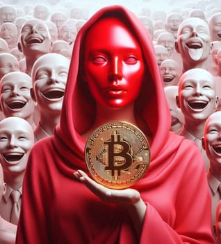 A woman is holding a gold coin with the letter B on it. The woman is wearing a red hoodie and surrounded by many other people. The people in the background are all smiling, creating a happy