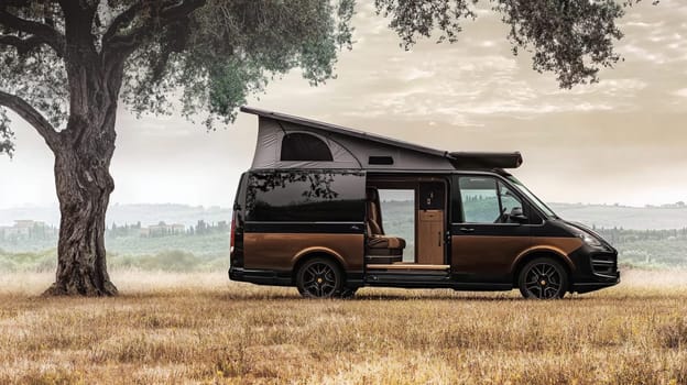 Modern and luxurious camper van parked in a peaceful countryside setting under the shade of an olive tree, offering a perfect escape in the heart of nature