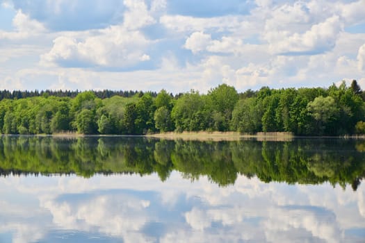 A tranquil lake reflects the vibrant greenery and cloudy sky, perfect for peaceful moments of reflection