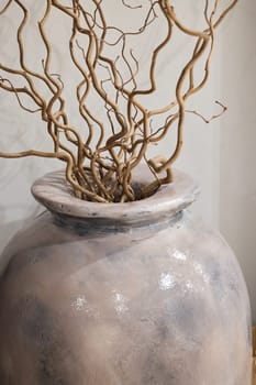 An elegant and stylish clay vase that is beautifully filled with twisted twigs, perfect for enhancing home decor