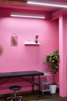 A vibrant pink room with a massage table and lush plants, ideal for artistic and wellness environments