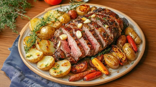 Juicy sliced roast beef served with roasted potatoes, carrots, and garlic cloves, creating a delicious and flavorful meal