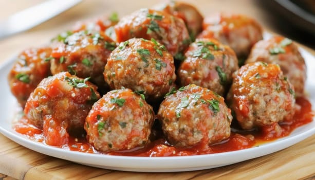 Close up of appetizing meatballs simmering in rich tomato sauce, garnished with fresh parsley