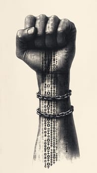 This black and white illustration depicts a powerful fist, adorned with binary code, symbolizing the struggle against censorship and the fight for freedom of expression