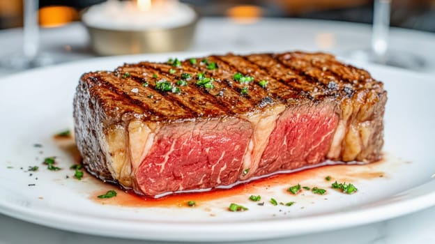 Delicious medium rare grilled steak with grill marks, resting on a white plate, garnished with fresh herbs and salt