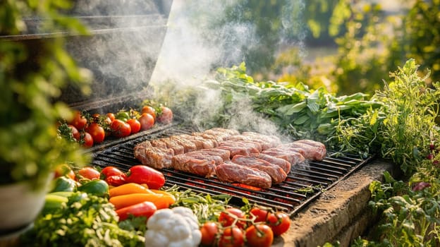 Delicious meat and fresh vegetables grilling on a barbecue, surrounded by smoke and ready for a summer party
