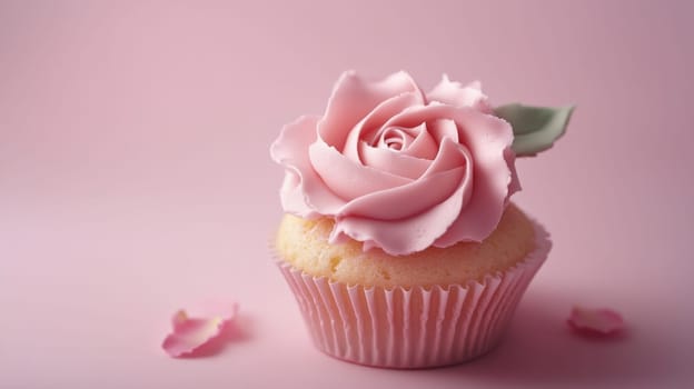 Cupcake with pink rose frosting on pastel background, dessert and confectionery art concept.